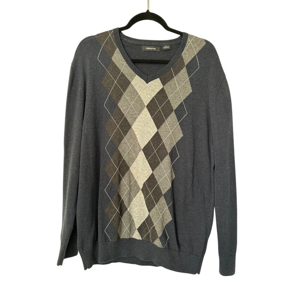 Claiborne Shirt Men's XL Argyle Diamond V-Neck 100% Cotton Long Sleeve Sweater - Picture 1 of 10